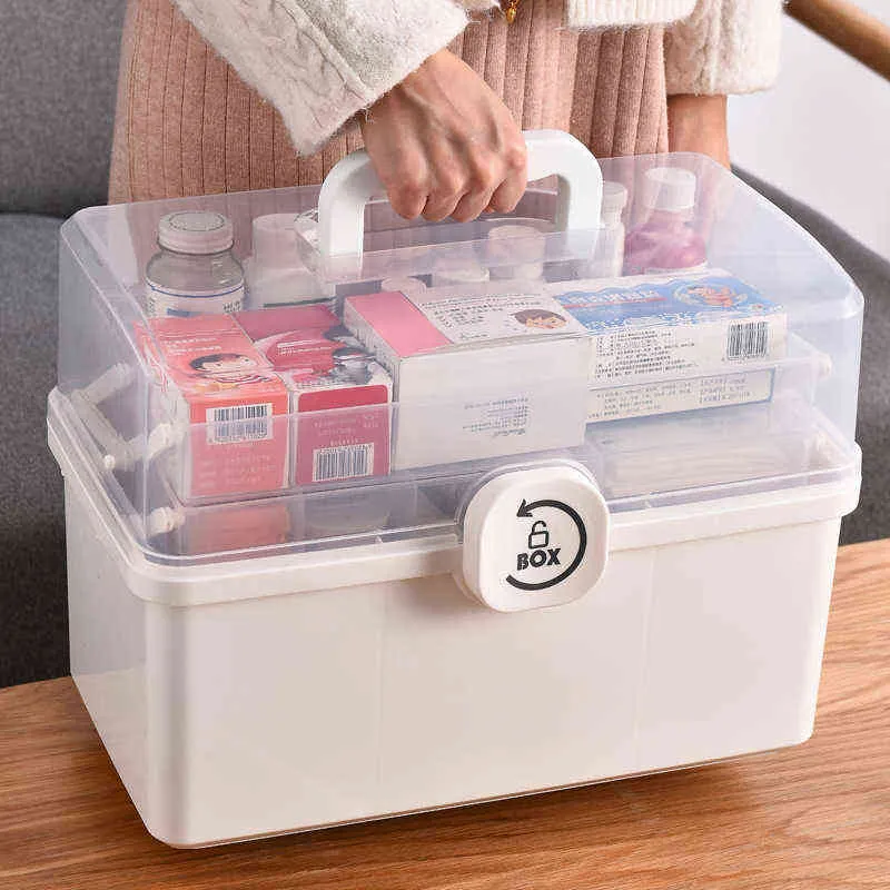 3/2 Layer Portable First Aid Kit Storage Box Plastic Multi-Functional Family Emergency with Handle 211102