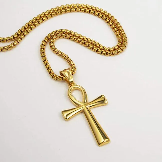 SM 25 43mm Mulheres colar de cruz de homens 316L Aço inoxidável Jesus ankh pendente rolo jóias de jóias douradas preto 3mm 24172s