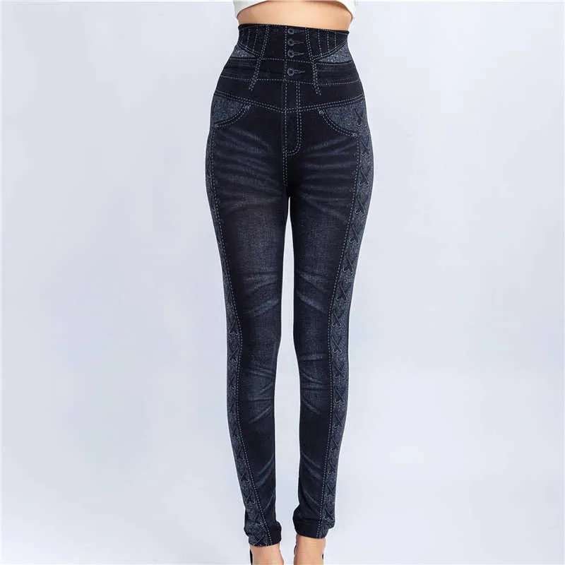 Kobieta Sport Lady Denim Fałszywe Dżinsy Legginsy Jeggings Struga Spodnie z kieszeniami Niebieskie Czarne Szczupłe Legginsy Dżinsy Skinny Spodnie Q0801