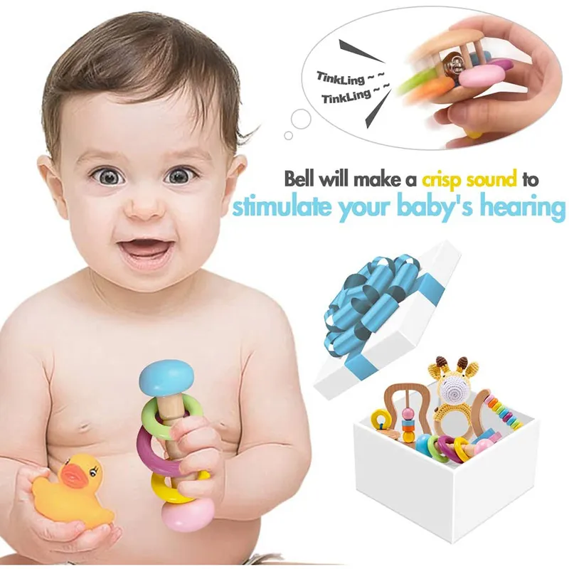 Organisk säker träleksaker baby toddler DIY Crochet Rattle Soother Bracelet Teether Set Produkt Montessori 220216