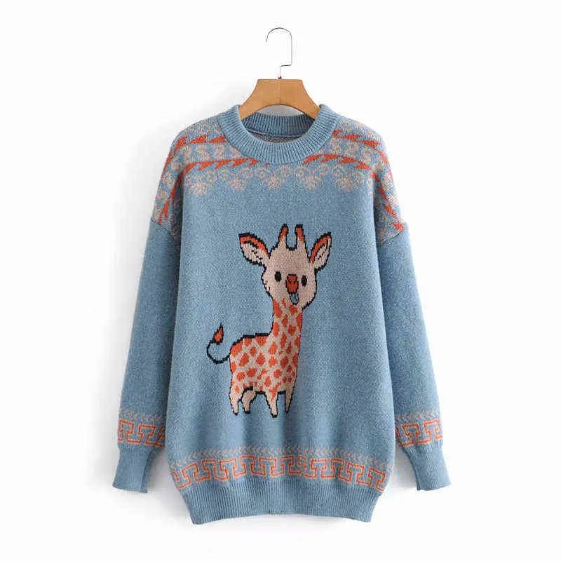 Evfer Women Cute Cartoon Fawn Knitted Blue Autumn Pullover Tops Female Fashion Ugly Loose Sweaters Gilr Casual Jacquard Knitwear Y1110