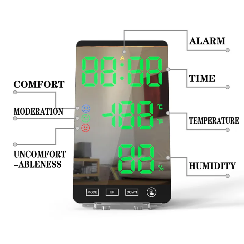 6 Inch LED Mirror Alarm Clock Touch Button Wall Digital Clock Time Temperature Humidity Display USB Output Port Table Clock9613704