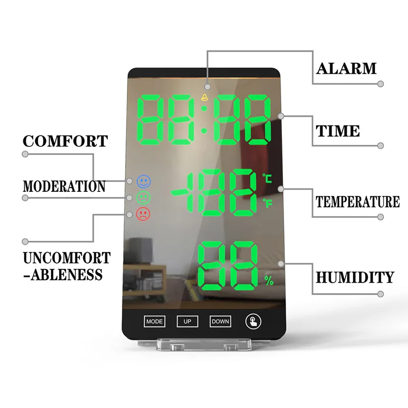 Pulsante della sveglia del mirror a specchio LED da 6 pollici Pulsante Digital Clock Tempetal Humidità Temperatura Visualizza tavolo da porta di uscita USB Clock9613704