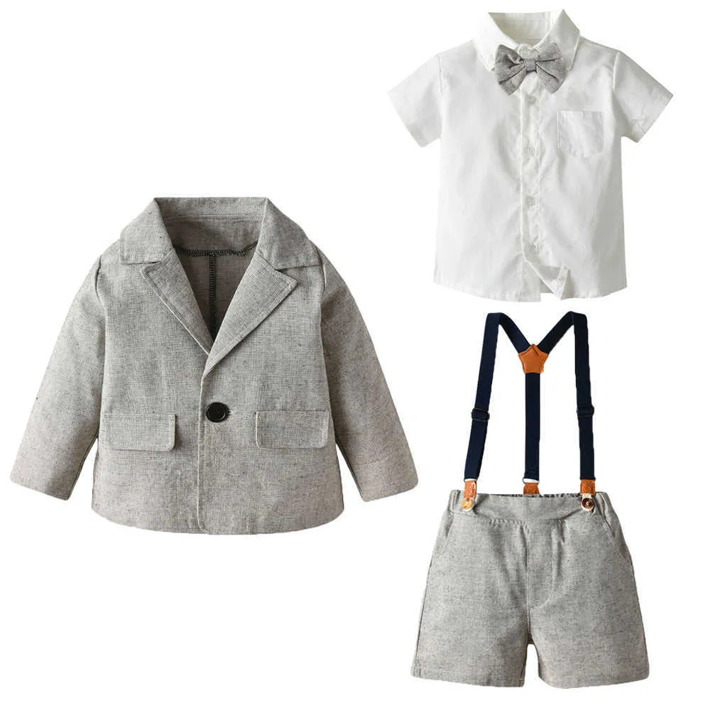 아기 소년 의류 양복 태어난 생일 침례 의류 세트 어린이 공식적인 복장 키즈 유아 화이트 셔츠 바지 Bowtie Blazer 210615