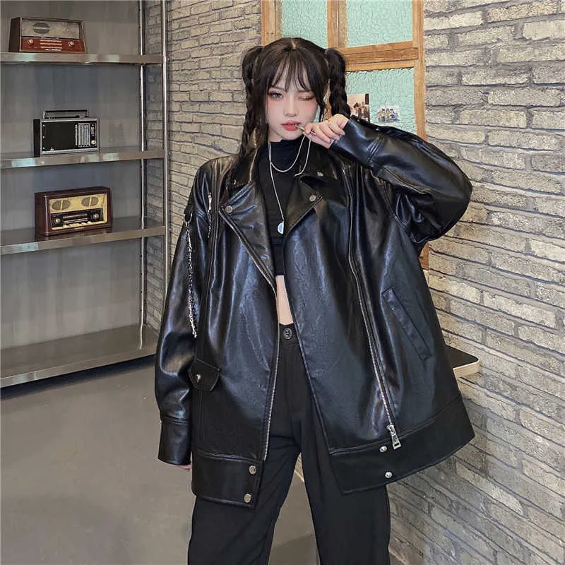 Giacca da moto in pelle allentata da donna di moda giapponese Chic Streetwear Cappotto a maniche lunghe Capispalla Coreano High Street Top in pelle nera 211007