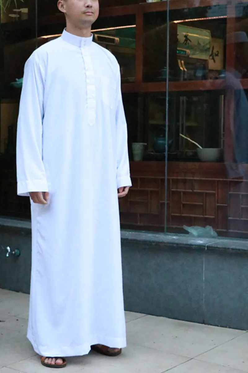 Islamique Homme Popular White Sudanese Islamic Ethnic Clothing Qatar Thobe Arab Worship Robe Thawb Mens Dubai Turk Thobeka Majozi for Islam Thobes Saudi Pria