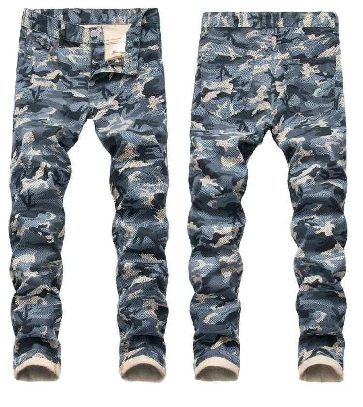 Men's Camouflage Printing Jeans Straight Denim Pants Slim Men Jeans Slim Fit Stretch Camo Denim Pants X0621