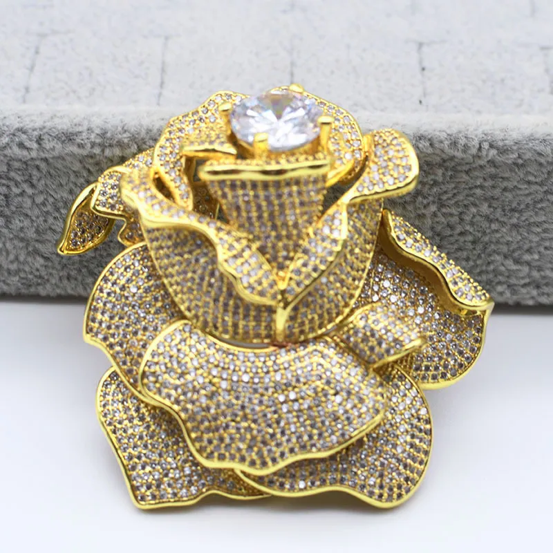 Big Top Grade Beautiful Gold Cubic Zirconia Pave Rose Flower Brooch Pin/connectors