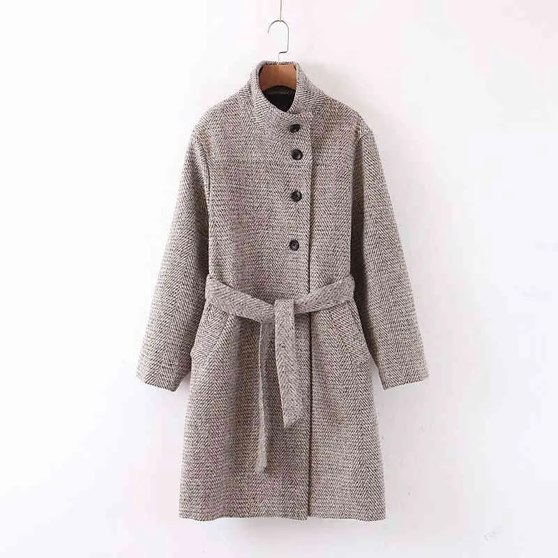 Abrigo de lana elegante para mujer, abrigo largo suelto a rayas a la moda para mujer, abrigo informal con fajas de botones para mujer, chaqueta elegante para chica 210427