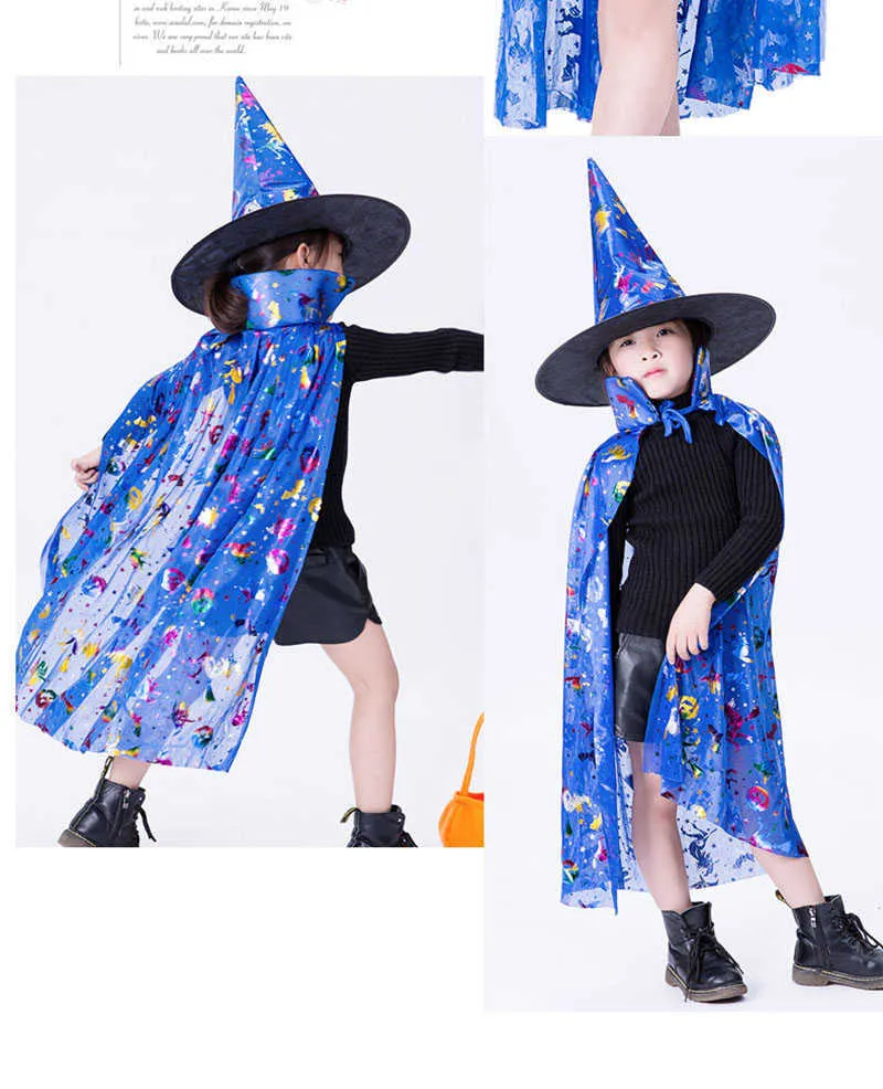 Dziewczyny Kids Halloween Kostium Wizard Czarownica Cloak Cape Top Wskazany Kapelusz Set Cosplay Party Magic Wands Dzieci Chłopcy Magik Outfit Q0910