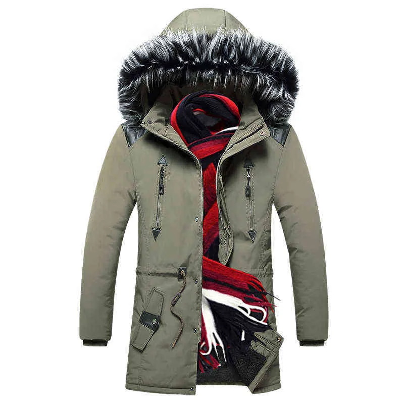厚い暖かい冬のジャケットの男性のフリース並ぶフード付きパーカージャケットメンズの毛皮の襟コートの台座Dhiver Hommes Long Jacket Coat 211110