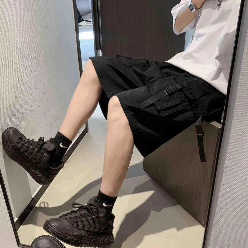 Män Casual Shorts Studenter Sommar Ny All-Match Loose Drawstring Design Fashion Koreansk stil Populär Bottoms Knä-längd Svart G220223