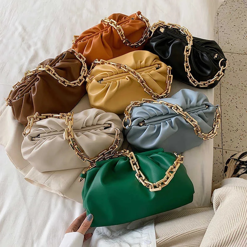 Gold Chain PU Leather Cloud Bag For Women 2021 Summer Armpit bag Lady Shoulder Handbags Female Solid Color Travel Hand Bag C0602