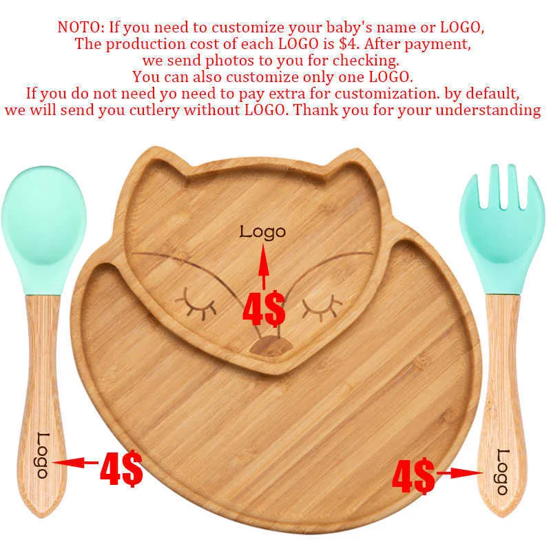 Baby Feeding Bowl DIY Name Child Dinner Plate Cartoon Bamboo Kids Dinnerware With Silicone Suction Cup 211026