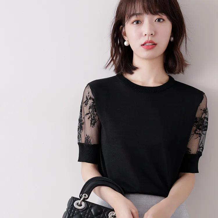 T-shirt in maglia di pizzo a maniche corte sottile da donna in maglia di seta con cuciture in pizzo estate e abbigliamento moda coreana 210520