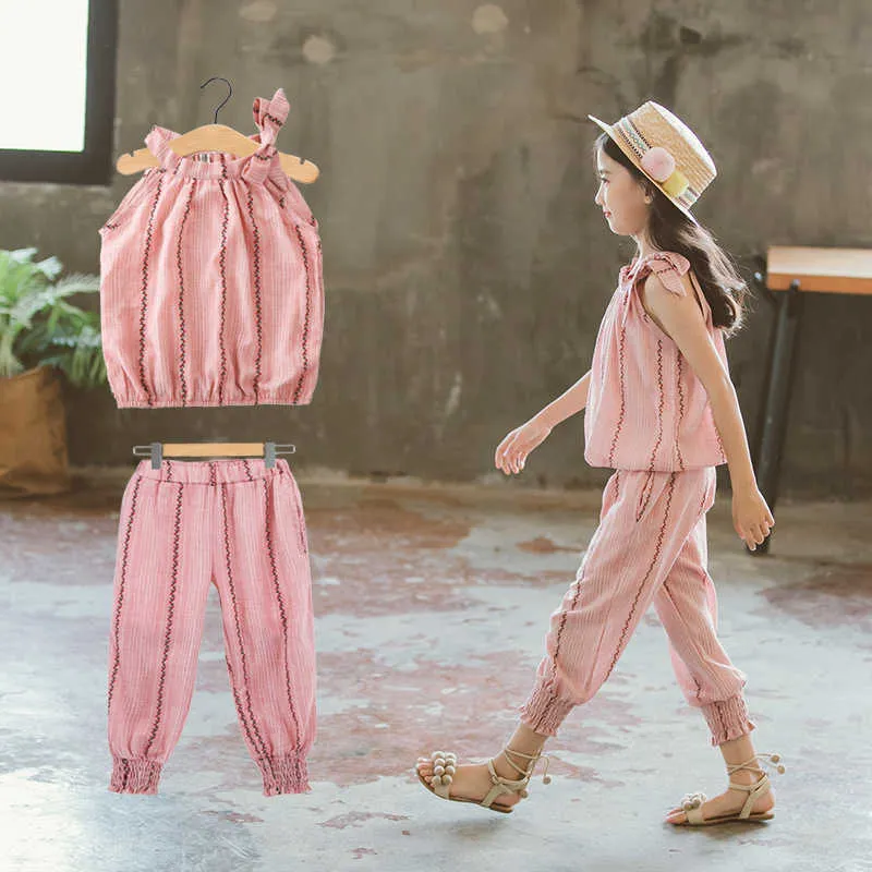 2021 Nouvelle fille tissu + pantalon court 2 pièce/ensemble filles bébé enfants vêtements de mode d'été ventes chaudes étudiants 110-160 Y0705