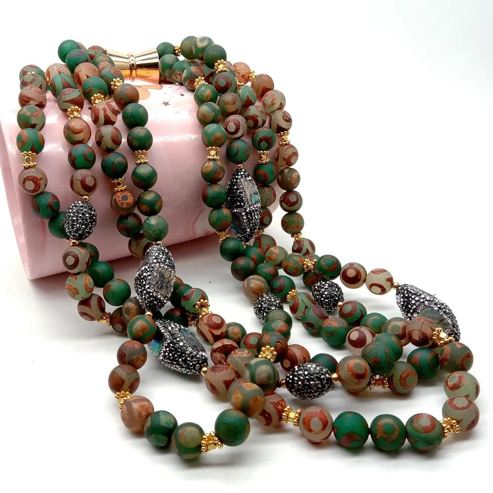 YYGEM multi strand 10mm Green Brown Frosted Agate Abalone Shell Choker Necklace 18"