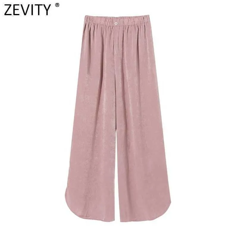 Zevity femmes Vintage couleur unie brillant taille élastique décontracté pantalon à jambes larges rétro Femme Chic ourlet fendu Long pantalon P1015 210603