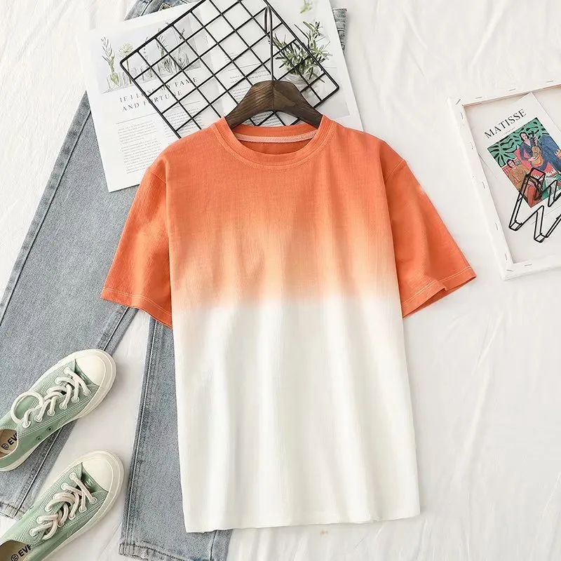 カジュアルな女性の緩いグラデーション半袖Tシャツ夏のファッションレディースソフトタイ色の綿ティーガールズY2K Tシャツ210515