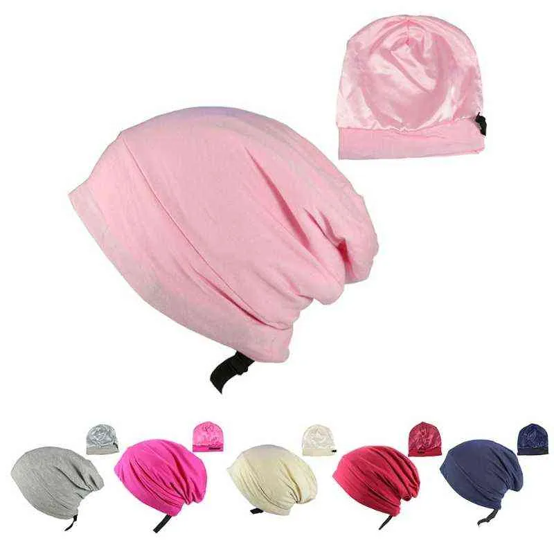 Satin Lined Sleep Cap Hair Cover Bonnet Adjustable Elastic Silky Slouchy Skull Beanie Solid Color Night Sleeping Hat Y21111