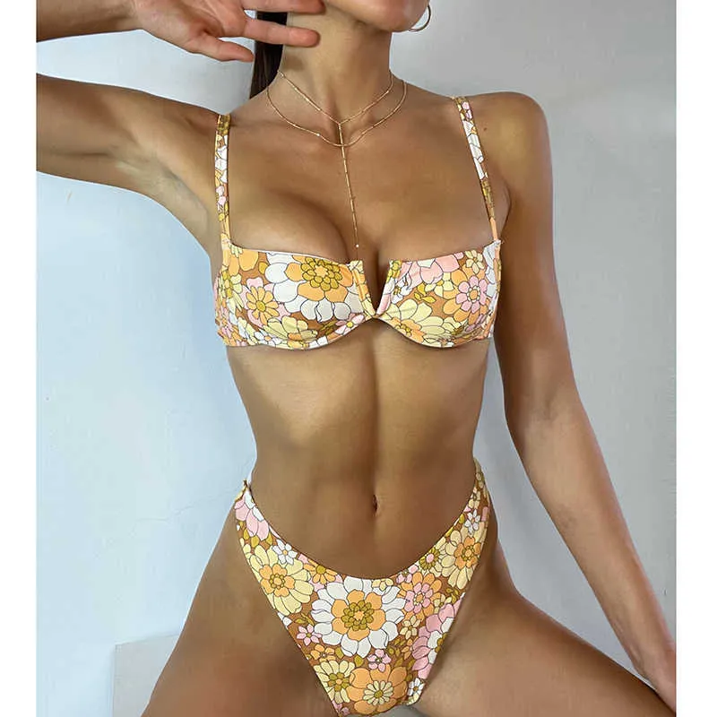 Sexy Retro Impreso Bikini Mujer Push Up Underwire Traje de baño Dos piezas Cintura alta Traje de baño Traje de playa Verano Biquini Traje de baño 210722