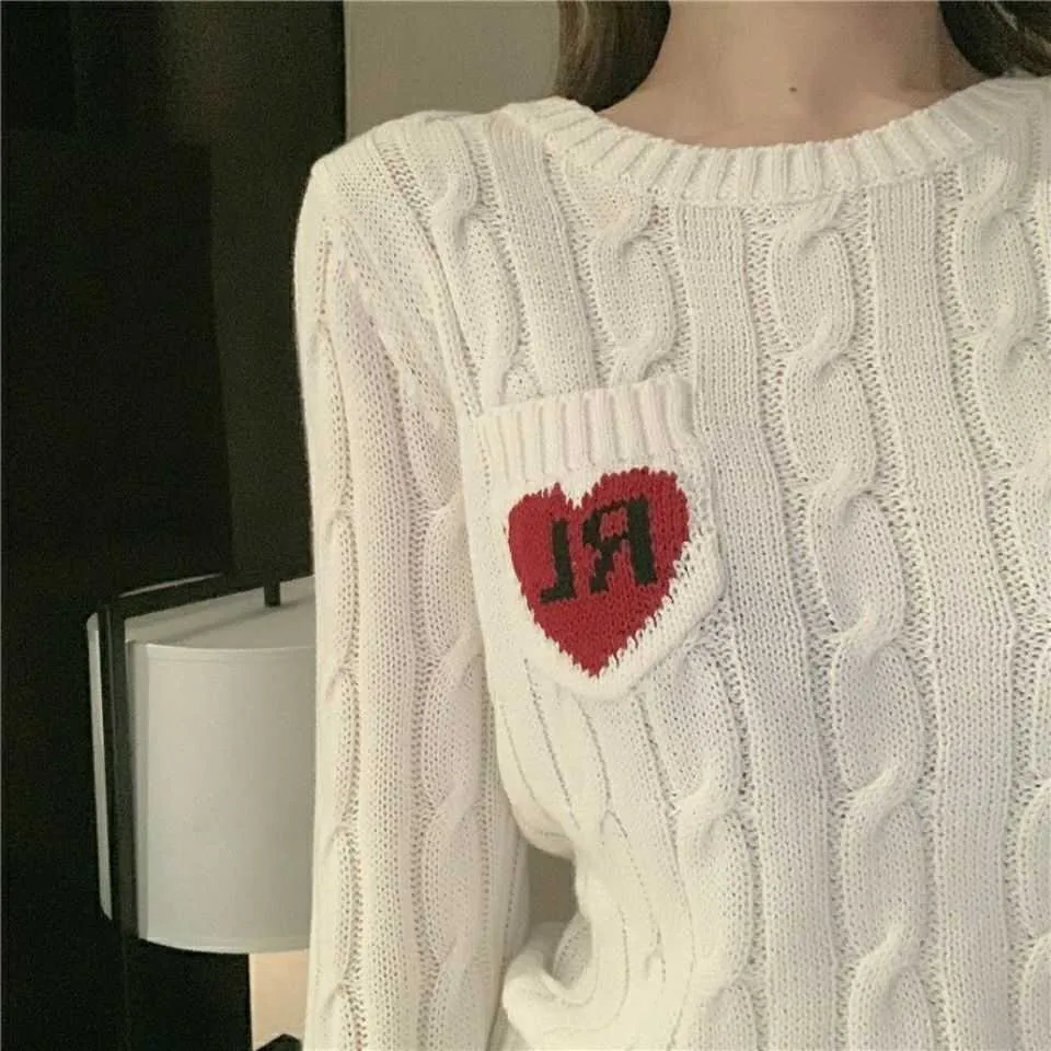 Koreański Moda Jumper Kobiety Marka Vintage List Red Heart Pattern Pocket Kieszonkowy Długi Rękaw Sweter Sweter Pullover Topy T530 210806