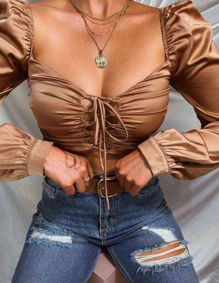 2020 Jesień Solidne Kolor Vintage Nowe Kobiety Koszulki Puff Sleeve Sexy Square Neck Slim Front Bandaż Bluzka Satin Crop Top Clubwear H1230