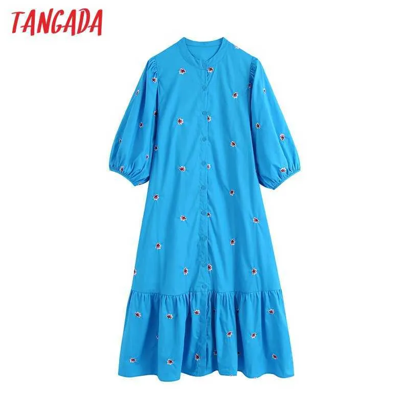 Tangada Femmes Floral Broderie Bleu Midi Robe Vintage Manches Bouffantes Femme Robes Occasionnelles Robes BE841 210609