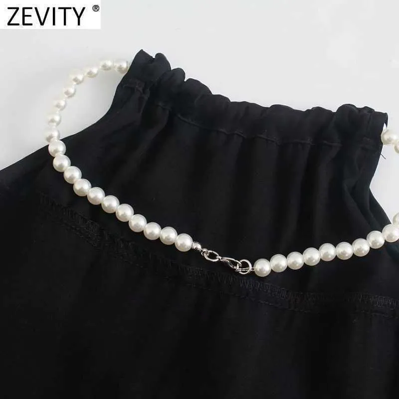 Zevity Kobiety Sexy Pearl Beading Cascading Wzburzyć Czarna Bluzka Kobieta Bez Rękawów Krantka Koszula Chic Lato Blusas Topy LS9389 210603