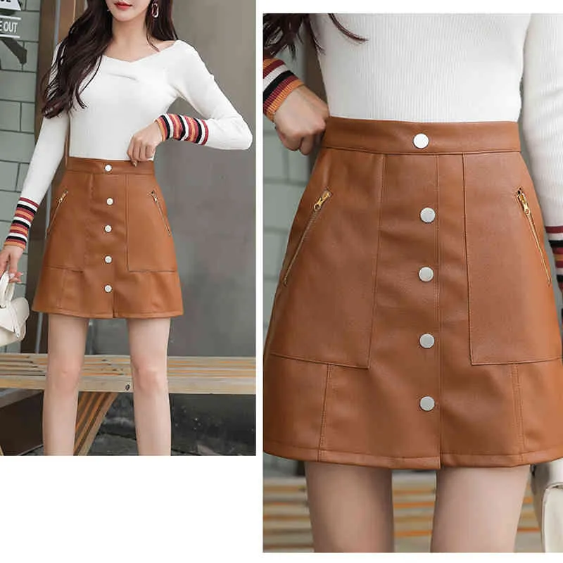 Jesień Kobiety PU Skórzany Spódnica Office Lady Mini Slim High Waist Ladies Fashion Casual A-Line Short S 6064 50 210427