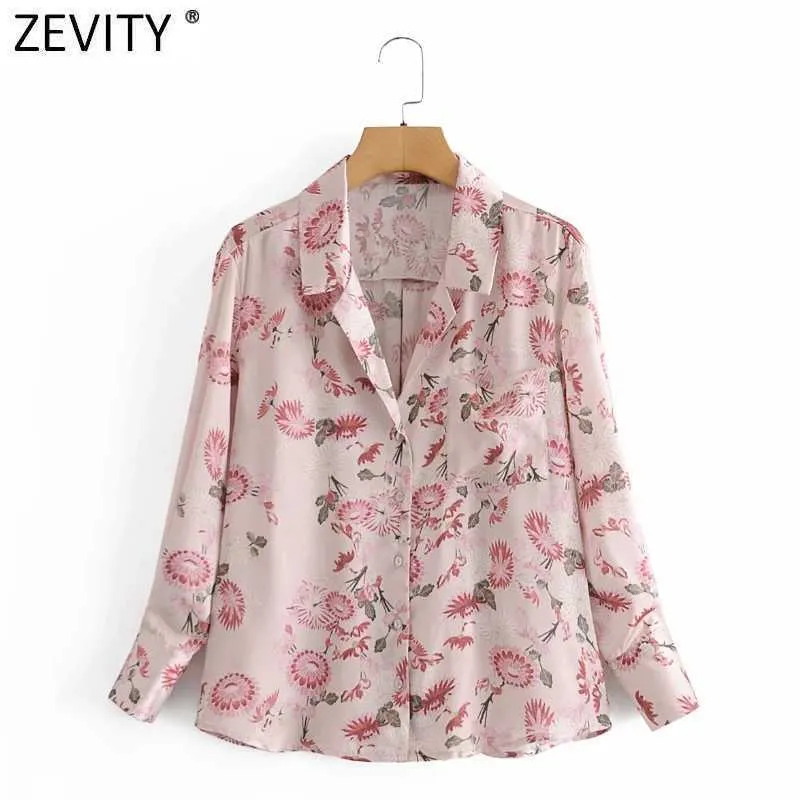 Zevity Women Fashion Pink Flower Print Casual Chiffon Smock Blouse Office Ladies Long Sleeve Shirts Chic Blusas Tops LS7678 210603