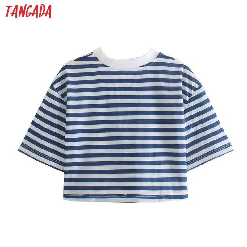 Tangada Donna T-shirt in cotone con stampa a righe blu T-shirt manica corta O collo T-shirt da donna Casual T-shirt Street Wear Top QD17 210609