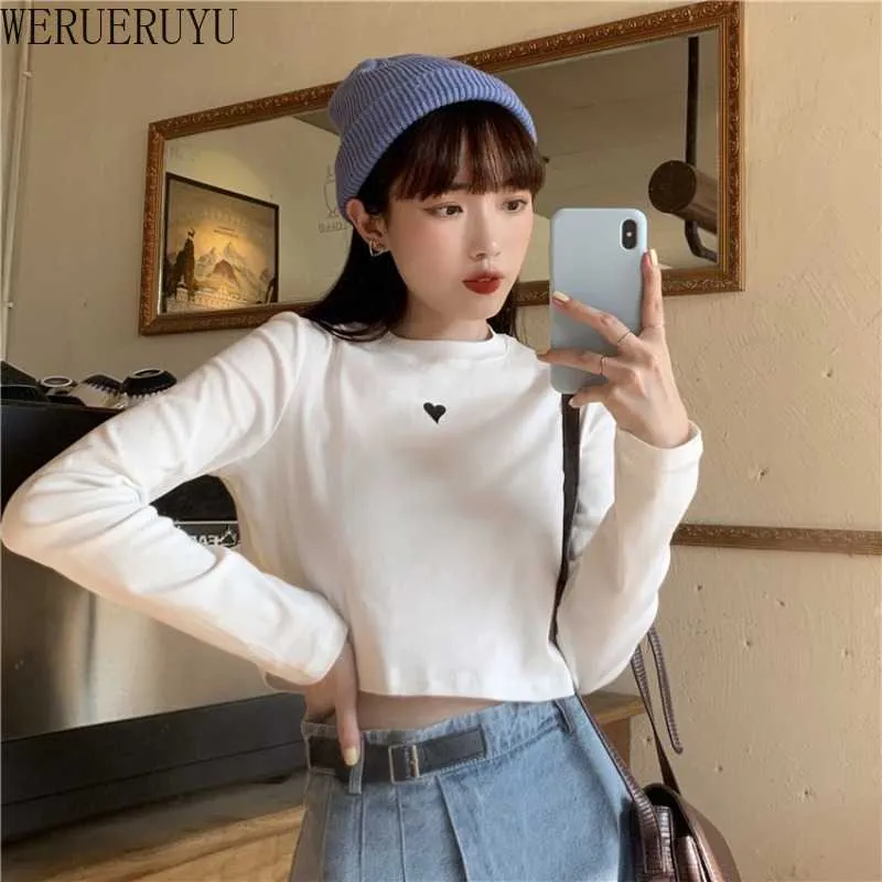 WERUERUYU Style coréen O-Cou Court Femmes Mince Mode À Manches Longues Crop Top 210608