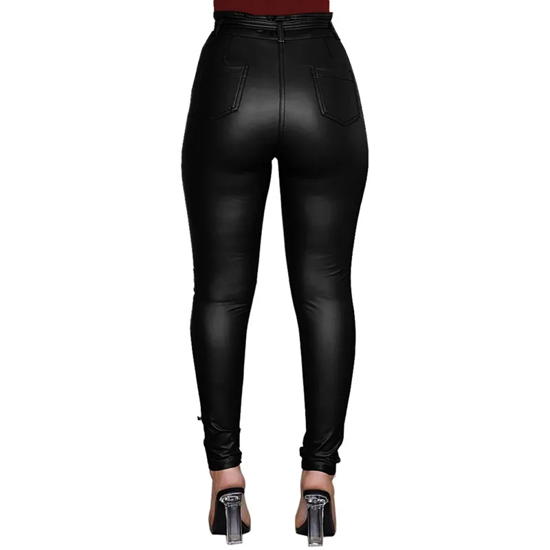 Sexy Frauen Motor PU Leder Hosen Ganzkörperansicht Hohe Taille Kordelzug Einfarbig Skinny Slim Fitting Bleistift 210522