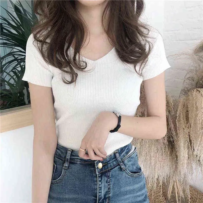 Vintage V-Neck Short Sleeve T-shirt 2022 Woman Slim Solid Color T Shirt Summer Korean Style Retro Tee Tops For Women G220228