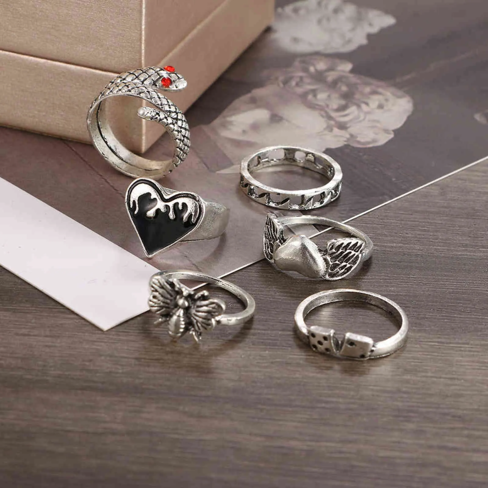 Punk Snake Gothic Silver Color Finger Ring Set 6 Stks Voor Dames Hart Butterfly Wing Angel Wings Cupid Charms Rings Rings Sieraden G1125