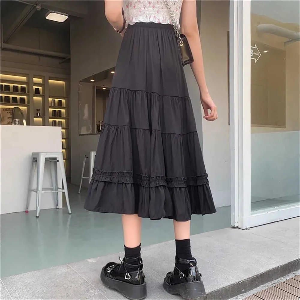 Vintage Ruffle High Aliisted Spódnica Kobiety Summer Teens School Girls Frill Plated Ruffles Patchwork Long Midi Black Goth Skirts 210619