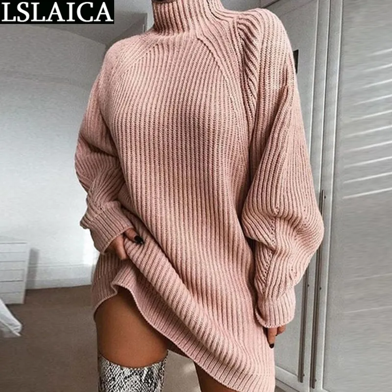 Abito maglione Donna Manica lunga Tinta unita Abiti moda Partito Allentato Casual Elegante dolcevita Kobieta Sukienka 210515
