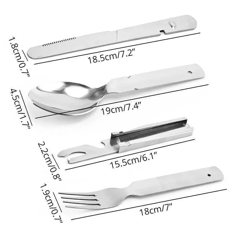 4-in-1 draagbare roestvrijstalen kampeerlepel, vork, mes en kan / flesopener, militaire gebruiksvoorwerpen 210928