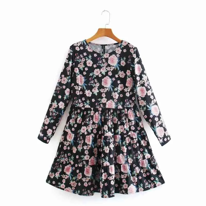 Mini abito da donna con stampa floreale a strati con volant femminile Abiti a maniche a nove quarti High Street Vestido allentato D7002 210430