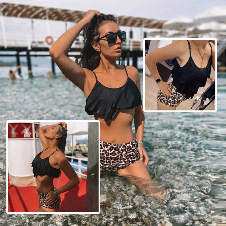 Bikini leopardato a vita alta con stampa animalier Tankini Costume da bagno floreale con volant brasiliano Taglie forti Costumi da bagno donna 210630