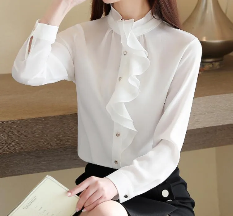 Herfst Dames Hoge Hals Lange Mouwen Ruches Chiffon Shirts Office Dames Shirt Blouse Tops A4079 210428