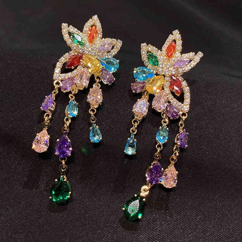 Ciondolo con nappa a forma di fiore in cristallo mixcolor donna Orecchini pendenti con foglie dolci e gioielli di marca di lusso