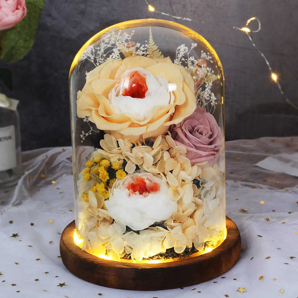 San Valentino Festa della mamma Festa di nozze Regalo Conservato Rosa Fiori immortali in cupola di vetro con lampada Fiori Decorazione domestica Q0812300x