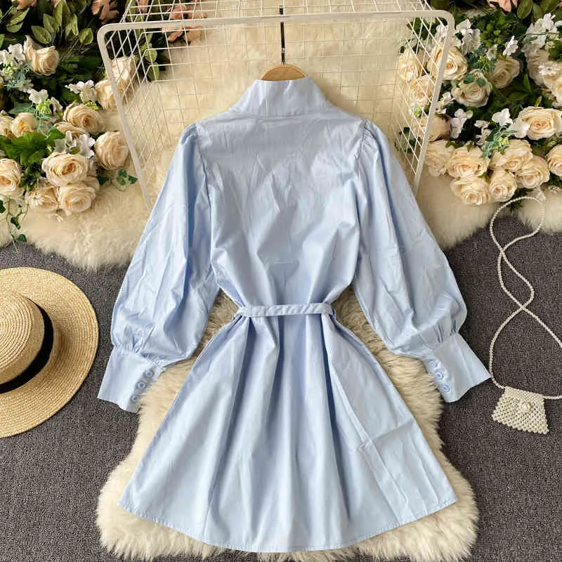Simple Fashion Chic Women Shirt Dress Stand Collar Long Sleeve High Waist A-line Mini Robe Femme Vintage Vestidos 210514