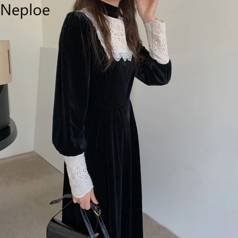 Neploe Maxi Robes pour femmes coréennes Chic Stand Col Dentelle Patchwork Robes Slim Wiast Puffles Tempérament élégant Robe noire 210422