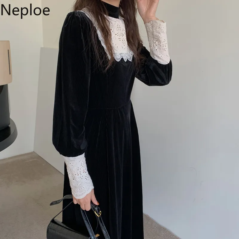 Neploe Maxikleider für Frauen Korean Chic Stehkragen Spitze Patchwork Vestidos Slim Wiast Puffles Elegantes Temperament Schwarzes Kleid 210422