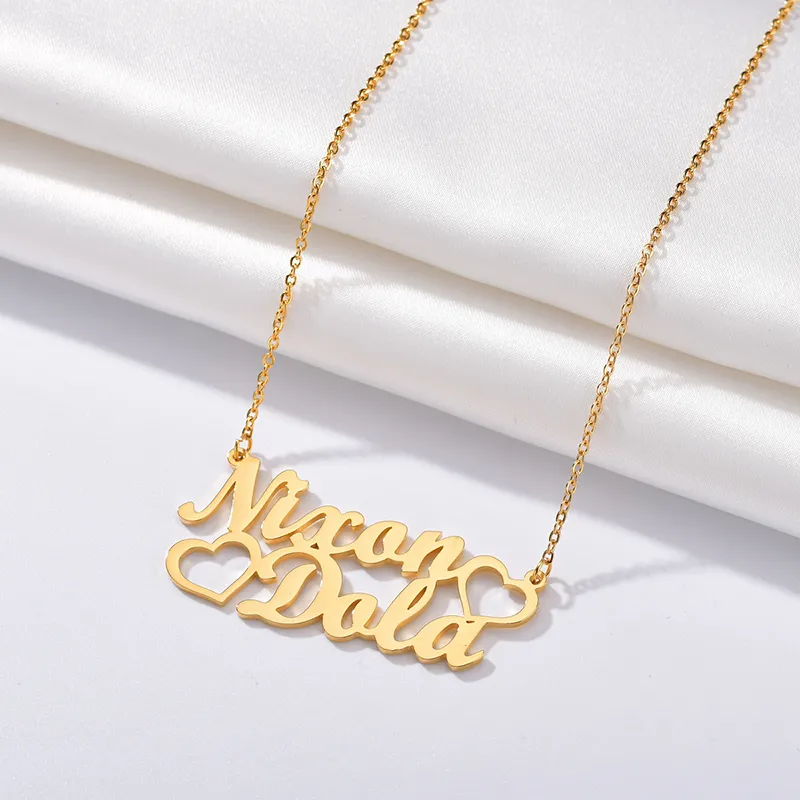 Fashion Custom Stainless Steel 2 Name Heart Necklace For Women Personalized Letter Gold277J