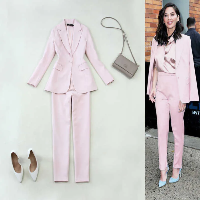 Бизнес офис женский костюм двух частей темперамент повседневный розовый пиджак женщин тонкие брюки высокое качество 210527