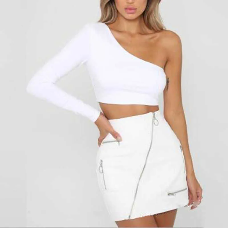 Une épaule pente décolleté T-shirt Sexy solide à manches longues femmes T-shirt blanc noir haut court dames T-shirt 2021 été X0527